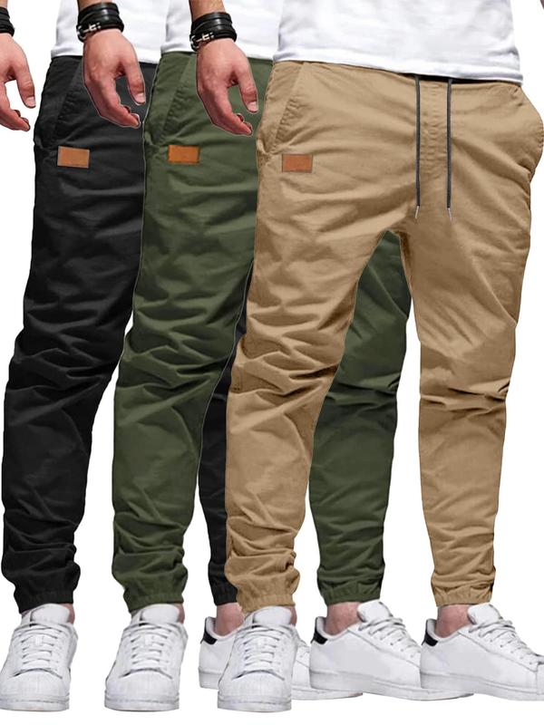 Men's Solid Color Patched Drawstring Waist Pants, Casual Elastic Waist Pocket Trousers for Spring & Fall, Fashion Men's Bottoms for Daily Wear