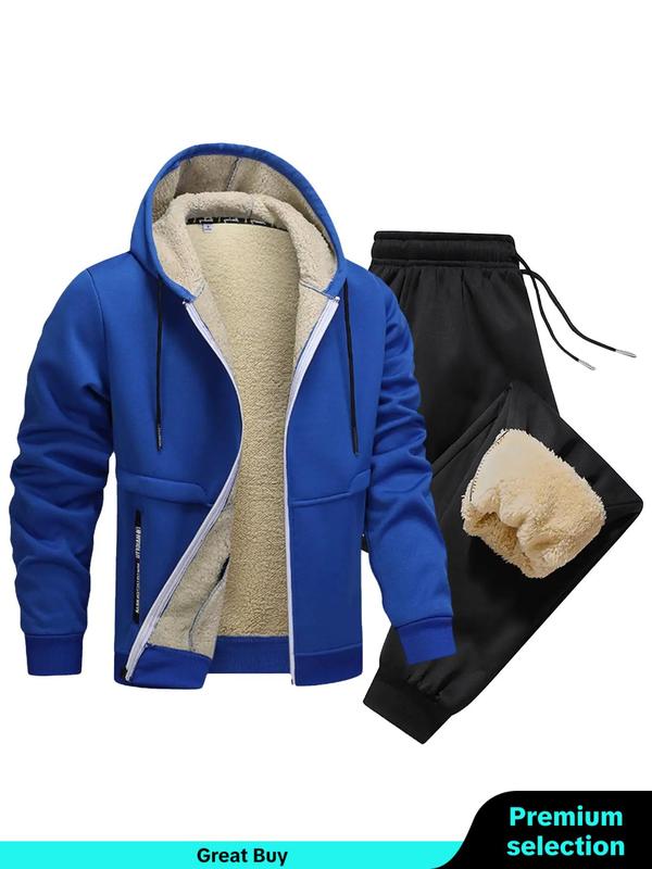 Men's Solid Thermal Lined Zip Up Hoodie & Drawstring Waist Sweatpants Set, Casual Regular Fit Long Sleeve Hooded Sweatshirt & Pocket Jogger Pants, Men's Two-piece Outfits for Fall & Winter, Men's Sweatsuit Set