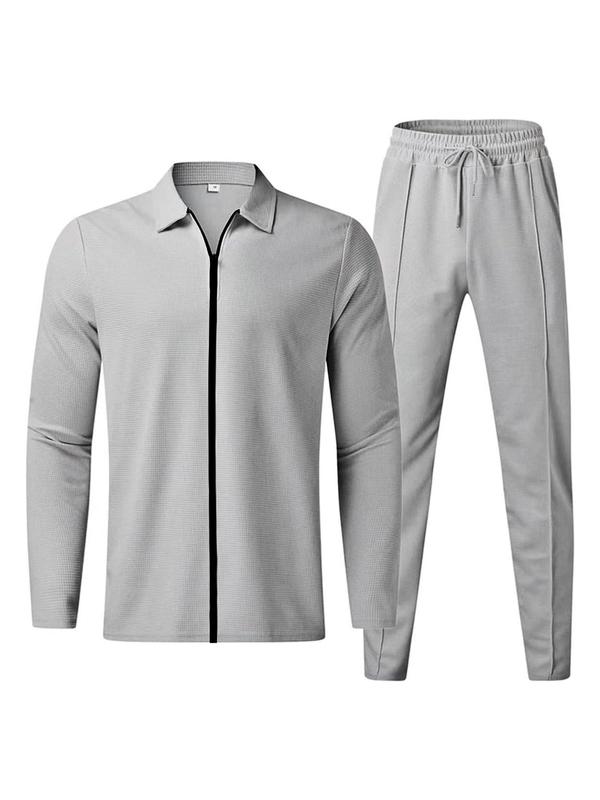 Men's Solid Zip Up Jacket & Drawstring Waist Pants Waffle Knit Two-piece Sport Set, Regular Fit Casual Long Sleeve Collared Outerwear & Pocket Trousers for Fall & Winter, Men's Sport Clothes for Daily Wear