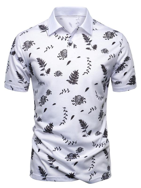 Men's Plants Print Short Sleeve Polo Shirt, Regular Fit Casual Button Front Polo Neck Top, Men's Streetwear for Summer Daily Wear, Polo Shirts Men