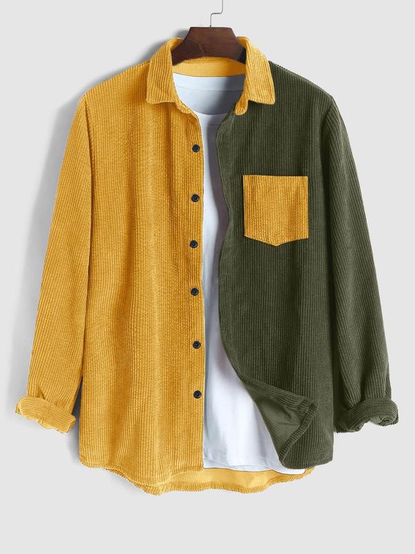 Men's Colorblock Pocket Button Front Corduroy Shirt, Casual Long Sleeve Collared Top for Fall & Winter, Men's Clothes for Daily Wear