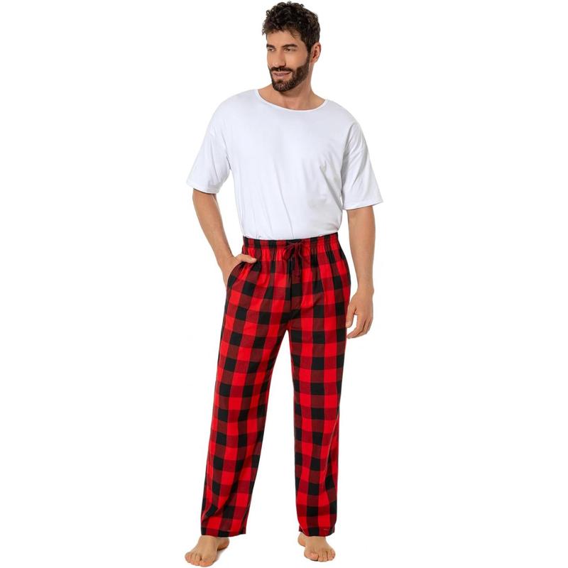 Mens Pajama Pants 100% Cotton Plaid Sleep & Lounge Pants, PJ Bottoms with Pockets and Button Fly