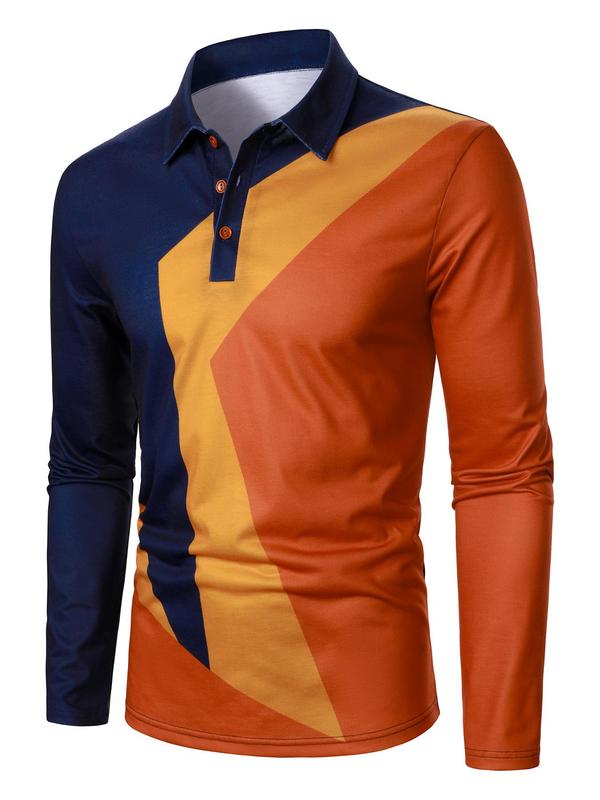 Men's Colorblock Long Sleeve Polo Shirt, Regular Fit Casual Button Collared Top for Fall & Winter, Men's Clothes for Daily Wear