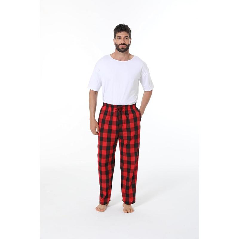 Mens Pajama Pants 100% Cotton Plaid Sleep & Lounge Pants, PJ Bottoms with Pockets and Button Fly