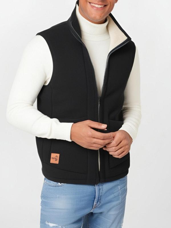 Men's Regular Fit Solid Patched Pocket Zipper Vest Jacket, Casual Funnel Neck Sleeveless Outerwear for Fall & Winter, Men's Clothes for Daily Wear