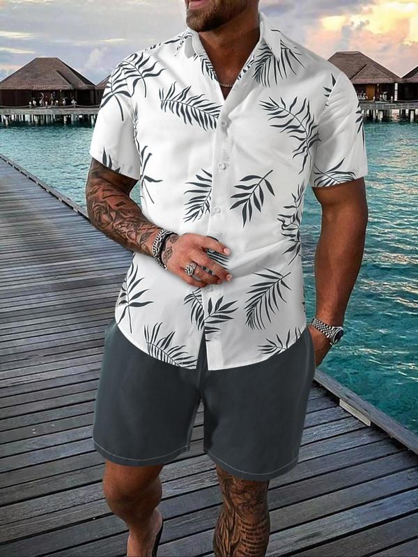 2 Piece Set Men's Stylish Tropical Leaf Print Two-piece Suits Set, Stylish Fashion Button Front Shortsleeve Shirt & Plain Drawstring Shorts, Menswear, Breathable Men's 2 Piece Set, Back To School Summer Clothes, Men's Clothing