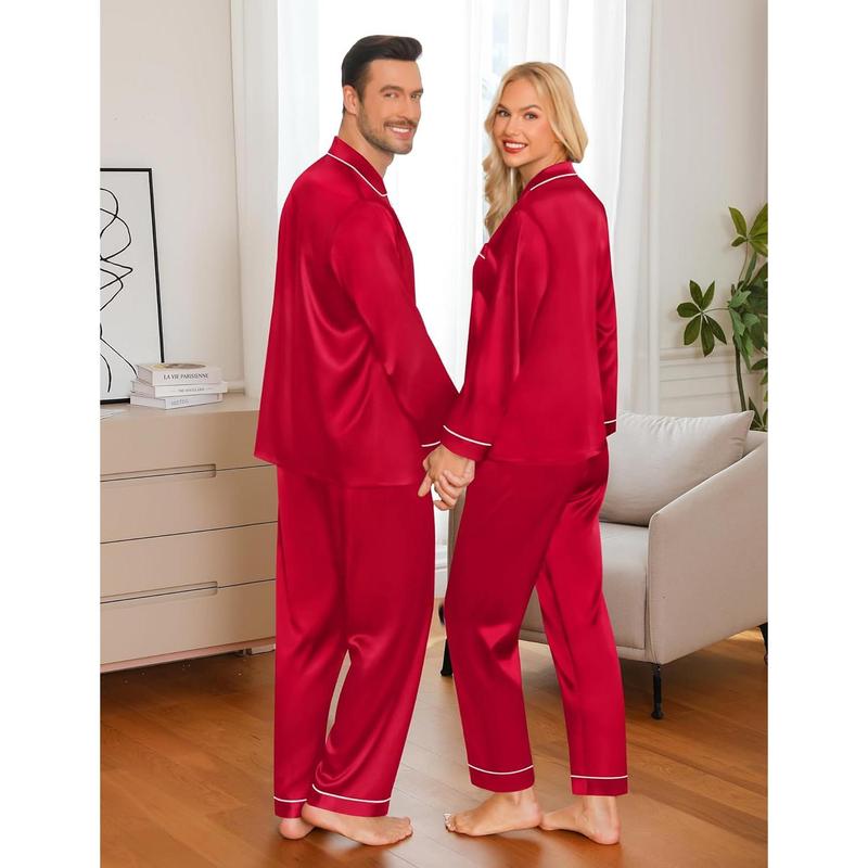 For men and women,Set Silk Satin Button Down Sleepwear Long Sleeve Nightwear 2 Pcs Pj Set