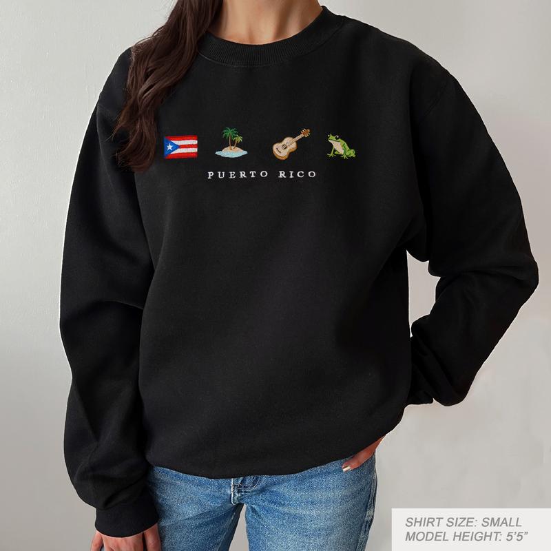 Puerto Rico Embroidered Sweatshirt, Boricua, Taino, Cotton, Black, Crewneck, Flag, Coquí Frog, Guitar, Island, Palm Tree, Ocean, Music, Latin, Reggaeton, Salsa, Bordado, Latin, Orgullo