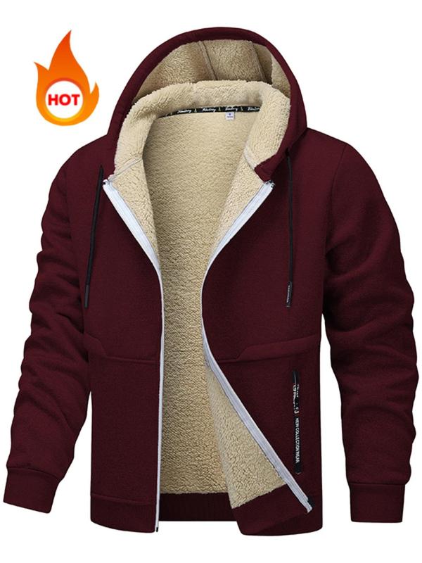 Men's Regular Fit Solid Color Zip Up Thermal Lined Hooded Winter Jacket, Casual Long Sleeve Drawstring Outerwear for Fall & Winter, Men's Clothes for Daily Wear