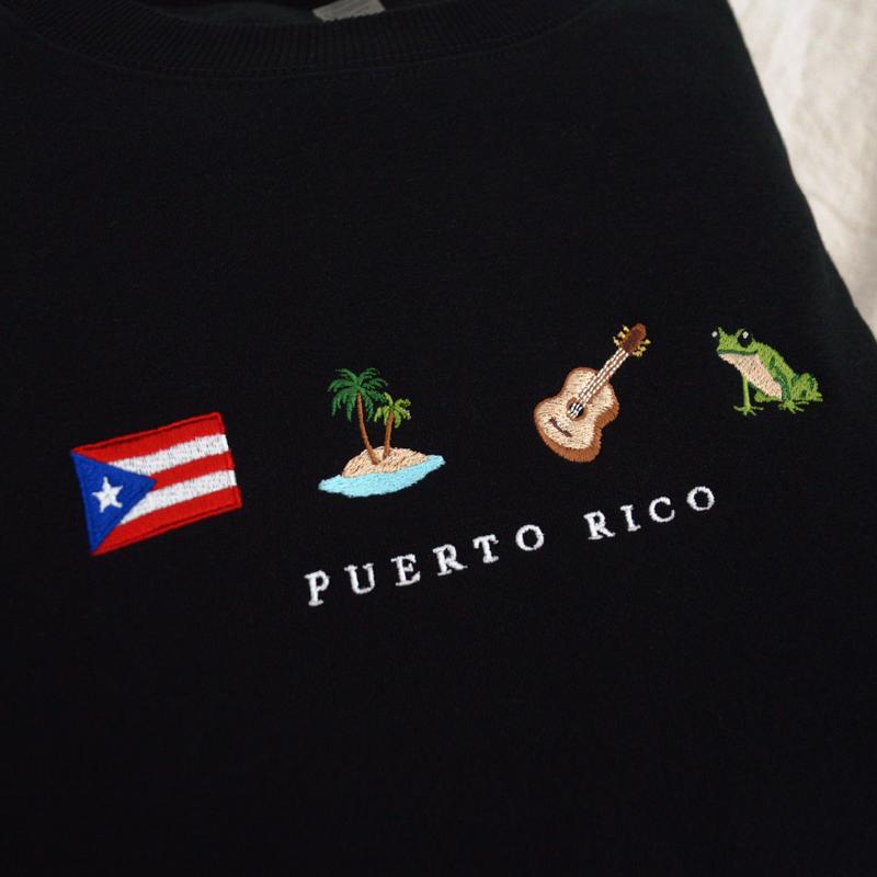 Puerto Rico Embroidered Sweatshirt, Boricua, Taino, Cotton, Black, Crewneck, Flag, Coquí Frog, Guitar, Island, Palm Tree, Ocean, Music, Latin, Reggaeton, Salsa, Bordado, Latin, Orgullo