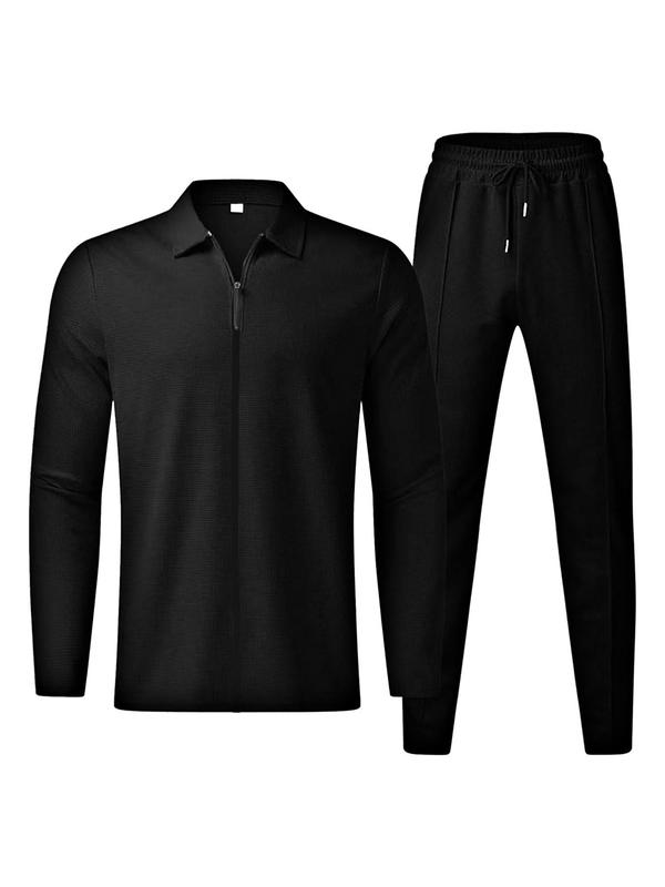 Men's Solid Zip Up Jacket & Drawstring Waist Pants Waffle Knit Two-piece Sport Set, Regular Fit Casual Long Sleeve Collared Outerwear & Pocket Trousers for Fall & Winter, Men's Sport Clothes for Daily Wear