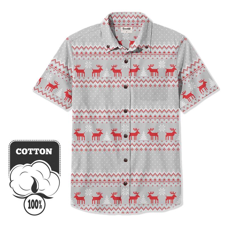 Christmas Deer Printed Hawaiian Shirt For Men Button-down Shirt Short Sleeves 100% Cotton Shirt