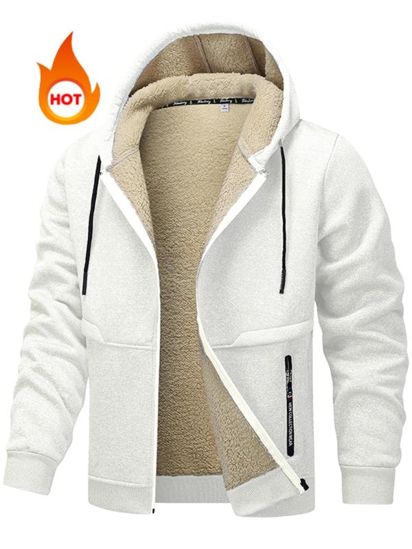 Men's Regular Fit Solid Color Zip Up Thermal Lined Hooded Winter Jacket, Casual Long Sleeve Drawstring Outerwear for Fall & Winter, Men's Clothes for Daily Wear