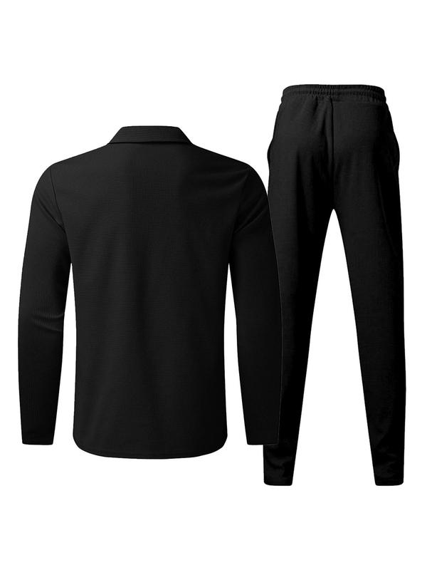 Men's Solid Zip Up Jacket & Drawstring Waist Pants Waffle Knit Two-piece Sport Set, Regular Fit Casual Long Sleeve Collared Outerwear & Pocket Trousers for Fall & Winter, Men's Sport Clothes for Daily Wear