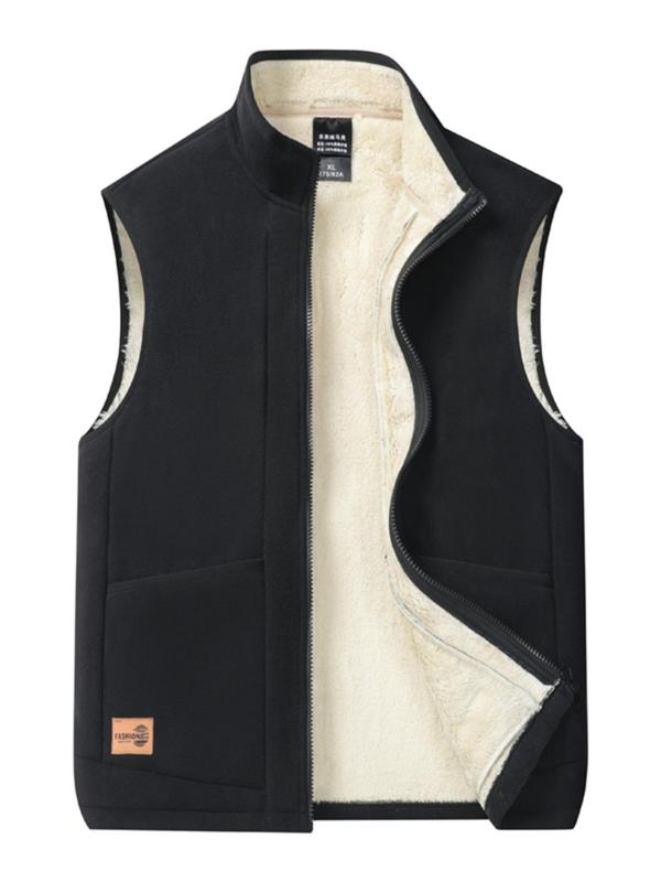 Men's Regular Fit Solid Patched Pocket Zipper Vest Jacket, Casual Funnel Neck Sleeveless Outerwear for Fall & Winter, Men's Clothes for Daily Wear