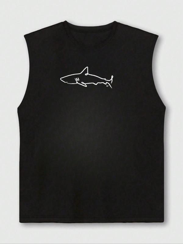 Men's Cartoon Shark Print Round Neck Tank Top, Casual Regular Fit Sleeveless Crew Neck Top for Summer, Fashion Men's Clothes for Daily Wear