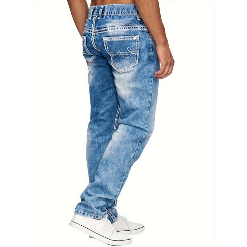 Men's Casual Slim Fit Stretch Jeans, Chic Street Style Distressed Denim Pants Menswear Spandex