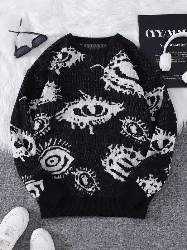 Men's All Over Eye Print Drop Shoulder Sweater, Regular Fit Casual Long Sleeve Round Neck Jumper for Fall & Winter, Fashion Men's Knitwear for Daily Wear Knitted Sweater