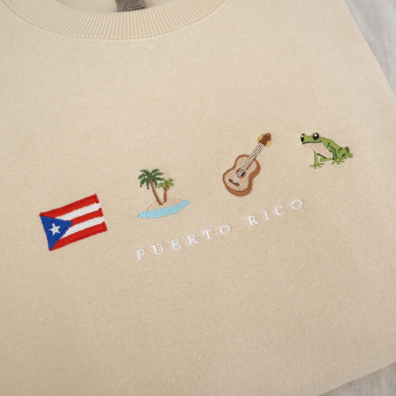 Puerto Rico Embroidered Sweatshirt, Boricua, Taino, Cotton, Black, Crewneck, Flag, Coquí Frog, Guitar, Island, Palm Tree, Ocean, Music, Latin, Reggaeton, Salsa, Bordado, Latin, Orgullo