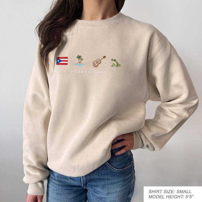 Puerto Rico Embroidered Sweatshirt, Boricua, Taino, Cotton, Black, Crewneck, Flag, Coquí Frog, Guitar, Island, Palm Tree, Ocean, Music, Latin, Reggaeton, Salsa, Bordado, Latin, Orgullo