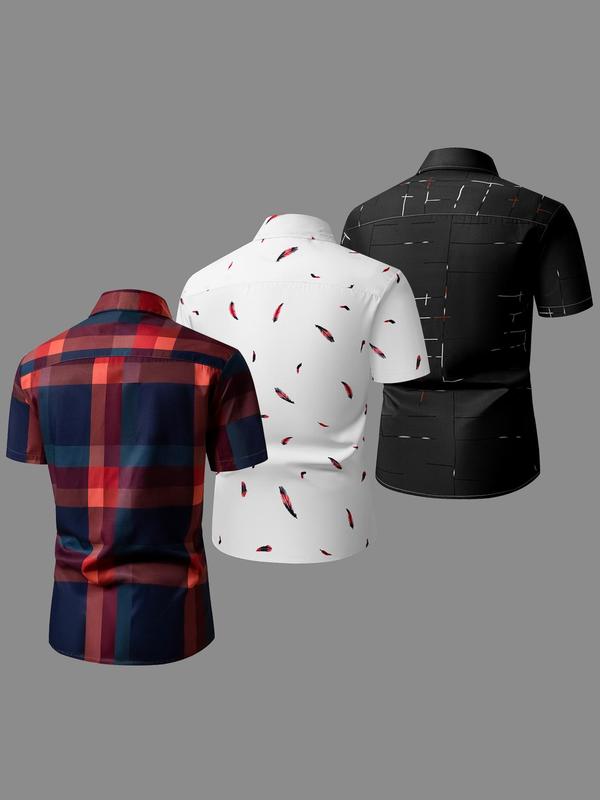 Men's Random Feather & Plaid & Line Print Button Front Shirt, Regular Fit Casual Long Sleeve Collared Top for Summer, Men's Clothes for Daily Wear