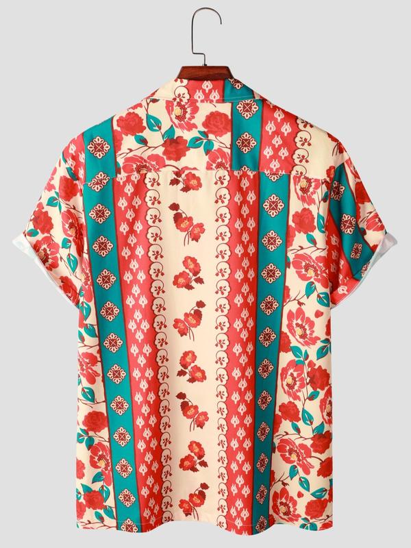 Men's Floral Print Button Front Pocket Shirt, Casual Loose Short Sleeve Lapel Neck Top for Summer, Men's Clothes for Beach Vacation