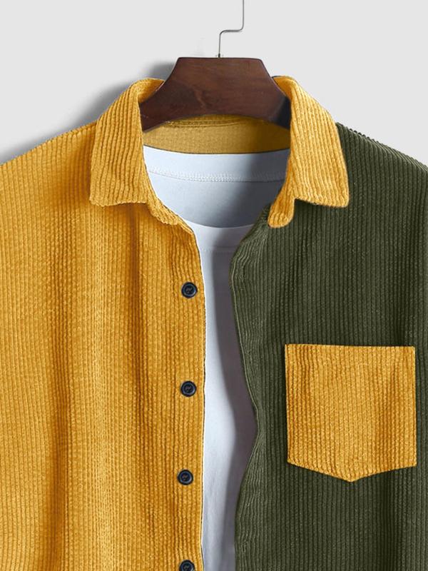 Men's Colorblock Pocket Button Front Corduroy Shirt, Casual Long Sleeve Collared Top for Fall & Winter, Men's Clothes for Daily Wear