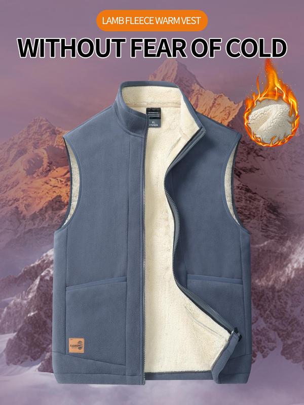 Men's Regular Fit Solid Patched Pocket Zipper Vest Jacket, Casual Funnel Neck Sleeveless Outerwear for Fall & Winter, Men's Clothes for Daily Wear