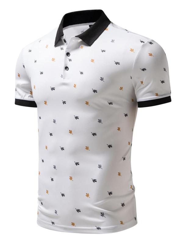 Men's Classic Regular Fit Leaf Print Contrast Binding Shortsleeve Polo Shirt, Casual Soft Streetwear Short Sleeve Button Front Collared Tee Top for Summer, Graphic Tees, Fashion Men's Clothes