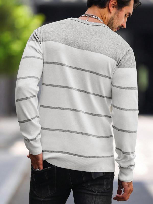 Men's Regular Fit Colorblock Striped Round Neck Sweater, Casual Long Sleeve Crew Neck Jumper for Fall & Winter, Fashion Men's Knitwear for Daily Wear