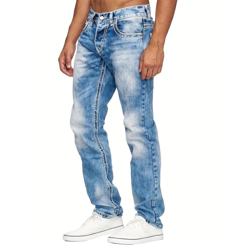 Men's Casual Slim Fit Stretch Jeans, Chic Street Style Distressed Denim Pants Menswear Spandex