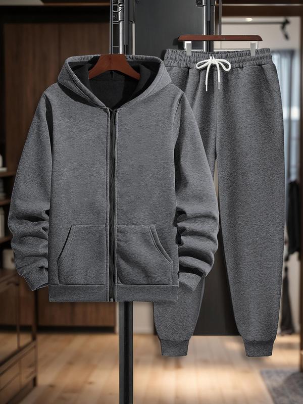 Men's Solid Zip Up Hoodie & Drawstring Waist Sweatpants Two-Piece Set, Casual Regular Fit Long Sleeve Hooded Sweatshirt & Jogger Pants for Daily Wear, Men's Two-piece Outfits for All Seasons