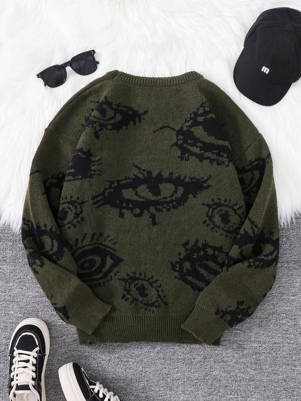 Men's All Over Eye Print Drop Shoulder Sweater, Regular Fit Casual Long Sleeve Round Neck Jumper for Fall & Winter, Fashion Men's Knitwear for Daily Wear Knitted Sweater