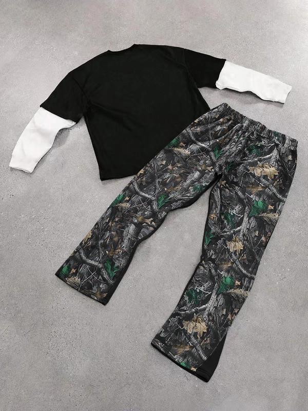 Men's 2 in 1 Letter Print Drop Shoulder Tee & Plants Print Flare Leg Pants Set, Regular Fit Casual Fashion Cozy Round Neck Long Sleeve Top & Drawstring Waist Trousers for Daily Wear, Men's Sweatsuit Set, Men Two-piece Outfits for Spring & Fall