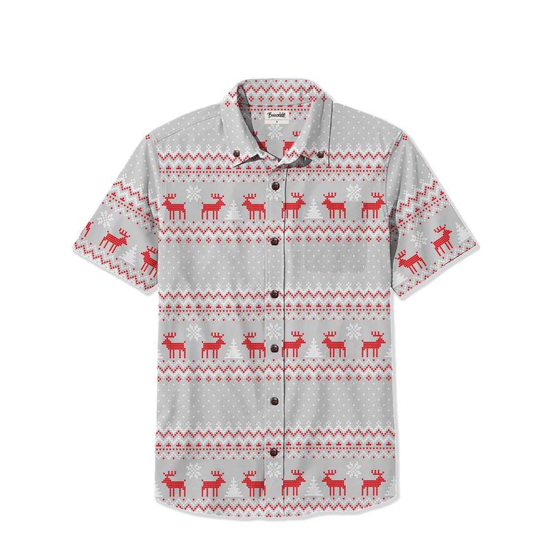 Christmas Deer Printed Hawaiian Shirt For Men Button-down Shirt Short Sleeves 100% Cotton Shirt