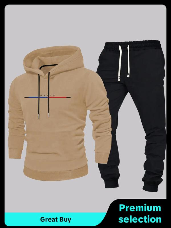 Men's Letter Print Zip Up Hoodie & Drawstring Waist Sweatpants Two-piece Set, Regular Fit Casual Long Sleeve Hooded Sweatshirt & Jogger Pants for Spring & Fall, Men's Two-piece Outfits for Daily Wear