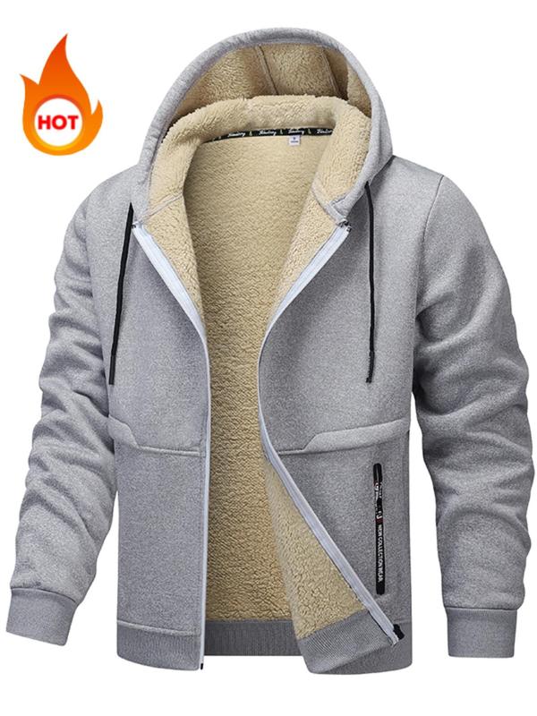 Men's Regular Fit Solid Color Zip Up Thermal Lined Hooded Winter Jacket, Casual Long Sleeve Drawstring Outerwear for Fall & Winter, Men's Clothes for Daily Wear