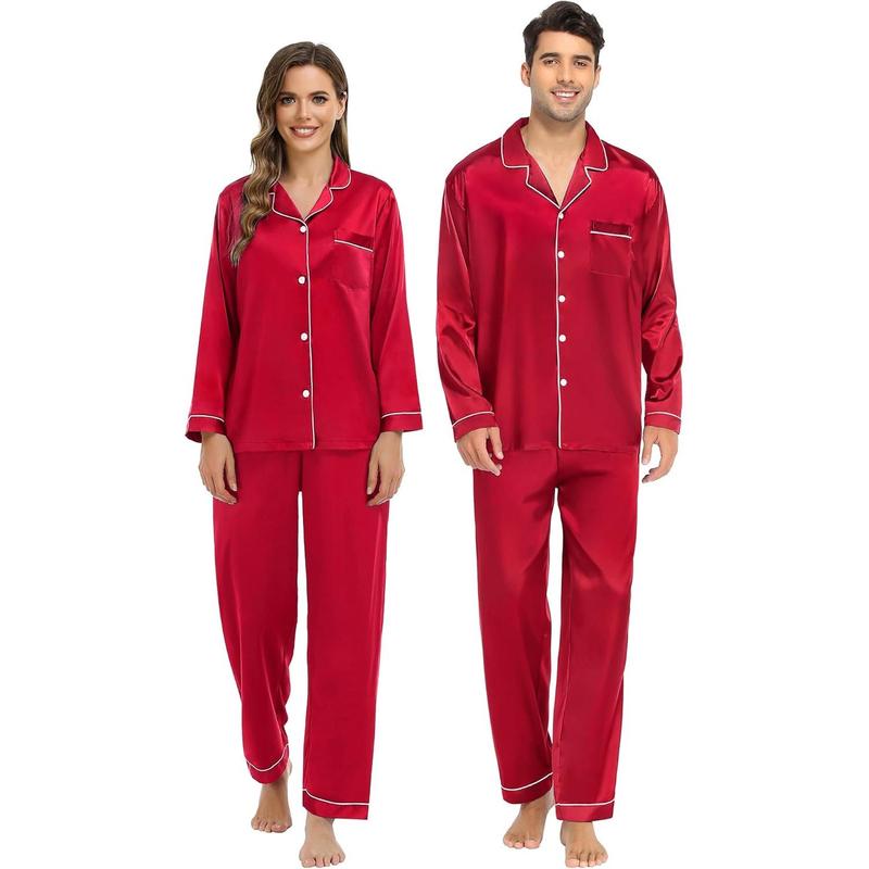 For men and women,Set Silk Satin Button Down Sleepwear Long Sleeve Nightwear 2 Pcs Pj Set