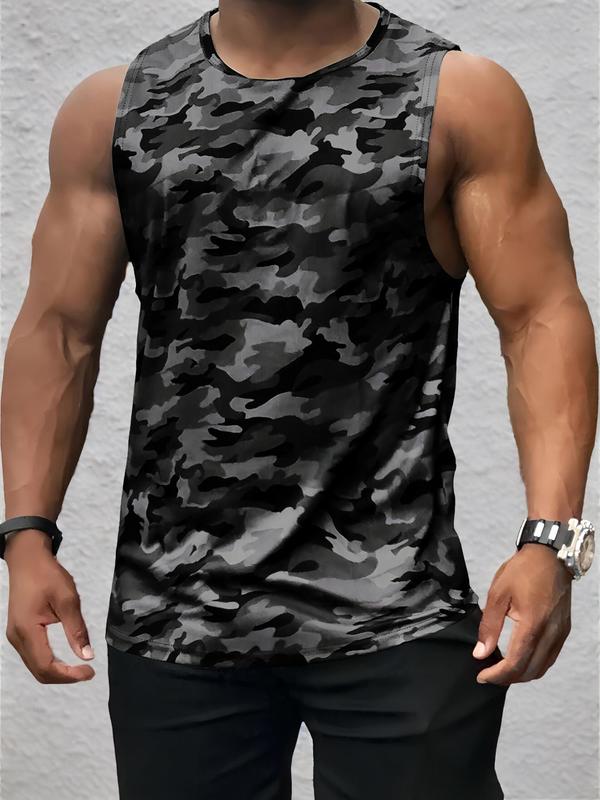 Men's Regular Fit Camo Print Round Neck Tank Top, Streetwear, Casual Camouflage Sleeveless Crew Neck Top for Summer, Fashion Men's Tops for Daily Wear, Menswear, Summer Outfits 2024