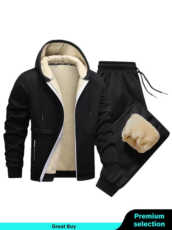 Men's Solid Thermal Lined Zip Up Hoodie & Drawstring Waist Sweatpants Set, Casual Regular Fit Long Sleeve Hooded Sweatshirt & Pocket Jogger Pants, Men's Two-piece Outfits for Fall & Winter, Men's Sweatsuit Set