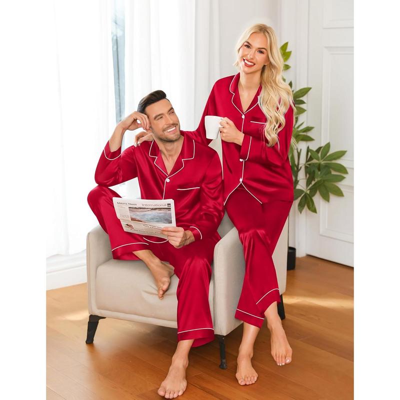 For men and women,Set Silk Satin Button Down Sleepwear Long Sleeve Nightwear 2 Pcs Pj Set