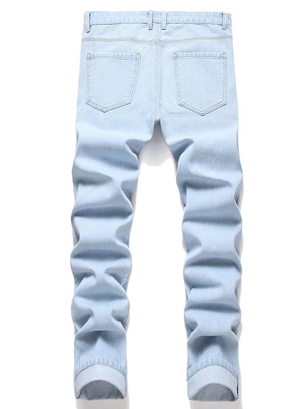 Men's Straight Letter Heart Embroidered Print Distressed Jeans, Casual Slim Fit Cotton Soft Denim Pants, Fashion Clothing Streetwear Ripped Trousers