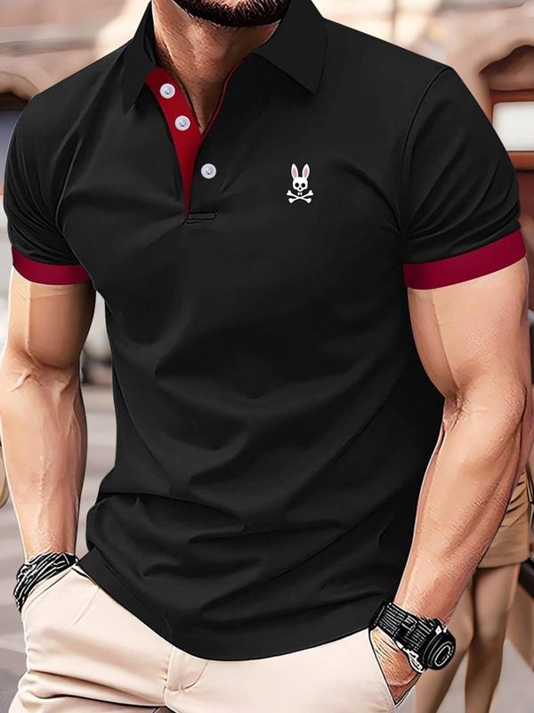 Men's Colorblock & Rabbit Print Polo Shirt, Regular Fit Casual Short Sleeve Half Buttons Top for Summer, Fashion Men's Clothes for Daily Wear, 90s Clothes