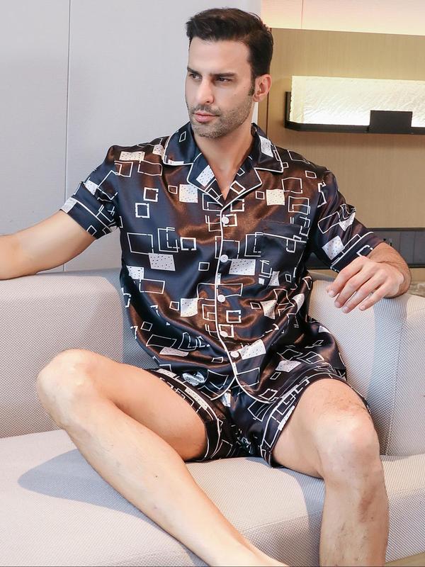 Men's Geometric Print Pocket Shirt & Shorts Loungewear Set, Button Front Short Sleeve Lapel Shirt & Elastic Waist Shorts, Casual Comfy Men's Sleepwear Set for All Seasons