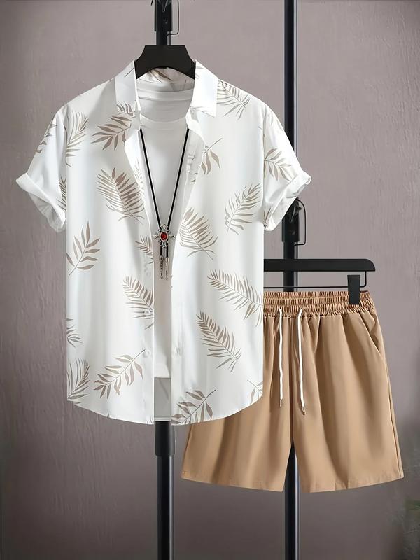 Two-Piece Set Men's Leaf Print Shirt & Shorts, Regular Fit Casual Button Front Shirt & Plain Drawstring Pocket Shorts, Men Clothes for All Seasons