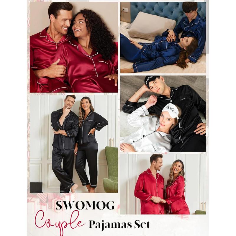 For men and women,Set Silk Satin Button Down Sleepwear Long Sleeve Nightwear 2 Pcs Pj Set