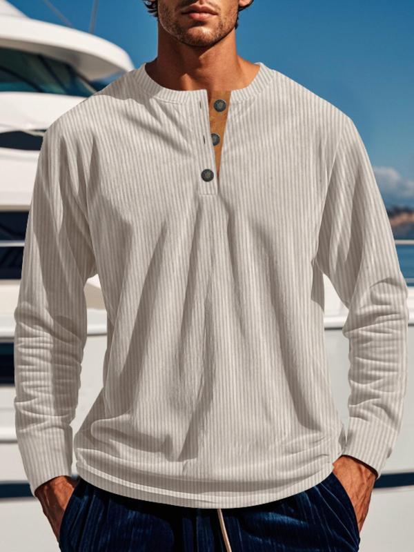 Men's Solid Button Front Mock Neck Shirt, Loose Casual Long Sleeve Top for Fall & Winter, Men's Clothes for Daily Wear