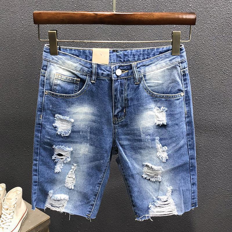 Ripped Denim Shorts Men's 5-Quarter Pants Loose Summer Thin Breeches Casual All-Matching Pirate Shorts Men's Fashion