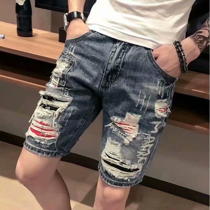 Ripped Denim Shorts Men's 5-Quarter Pants Loose Summer Thin Breeches Casual All-Matching Pirate Shorts Men's Fashion