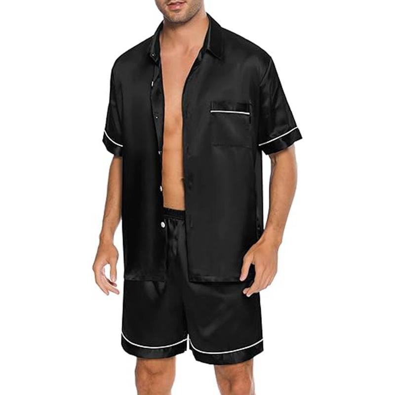 Mens Silk Satin Pajamas Set Short Sleeve Sleepwear Button-Down Pjs Sets Two-Pieces Loungewear with Pockets